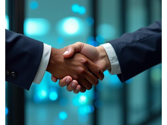 Dvi rankos susikerta, simbolizuojančios partnerystę ir bendradarbiavimą verslo aplinkoje su šviesiomis linijomis, rodančiomis ryšius