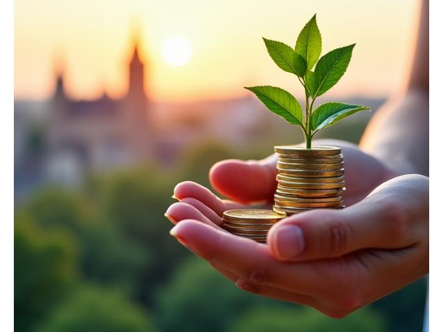 Rankos, laikančios augantį augalą su monetomis, simbolizuojančios Vilkas Pinigai įsipareigojimą klientų finansinei gerovei, su Vilniaus panorama fone