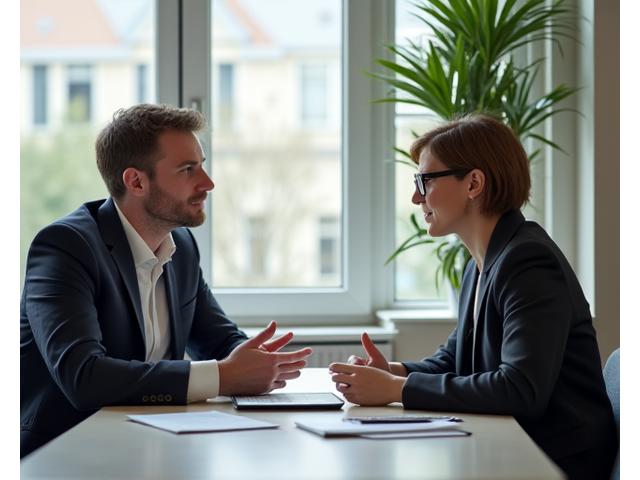 Lietuvis finansų konsultantas bendrauja su klientu, atspindėdamas Vilkas Pinigai požiūrį į individualią veiklą.