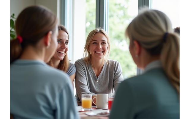 Moterų grupė, besimokanti ir diskutuojanti bendruomenės susirinkime, pabrėžiant palaikymą ir bendradarbiavimą.