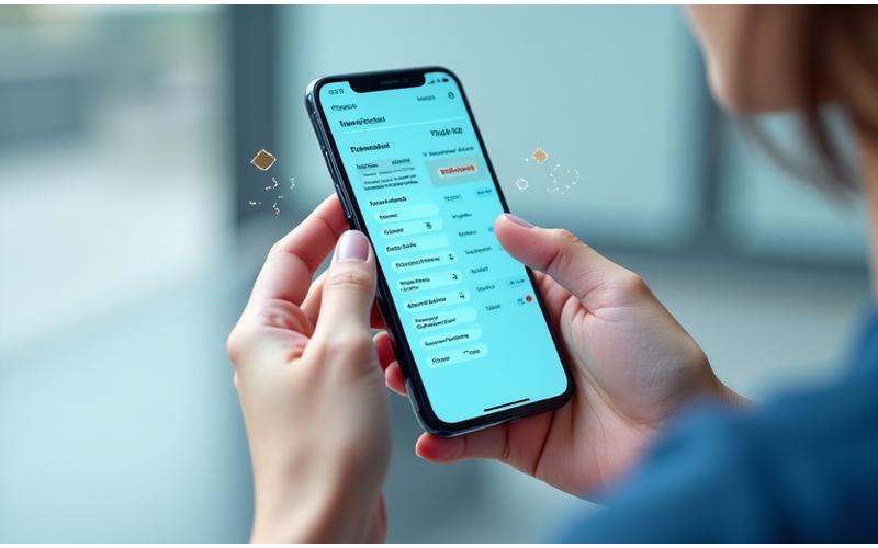 Rankos, laikančios išmanųjį telefoną su pavaizduotu paskolos skaičiuokliu, fone pinigų simboliai ir diagramos, simbolizuojantys greitas ir lanksčias paskolas moterims.