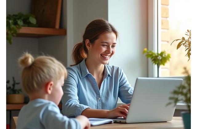 Šypsanti moteris dirba prie kompiuterio namuose, o šalia žaidžia vaikas, simbolizuojantis lanksčias finansines galimybes derinant darbą ir šeimą.