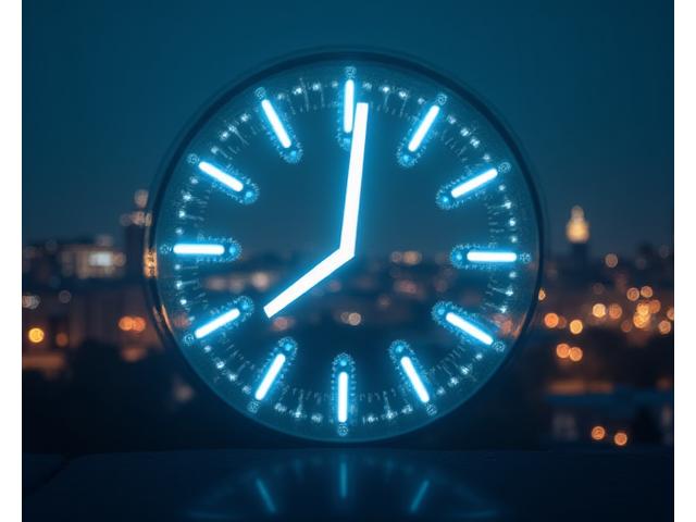 Laikrodis, rodantis 24/7 budrumą, su apšviestu miestu fone, Vilnius